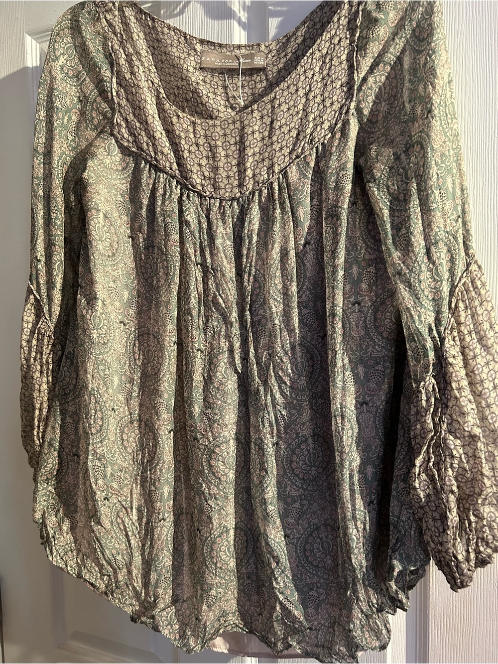 Zara Sage Green Grey Paisley Peasant Blouse